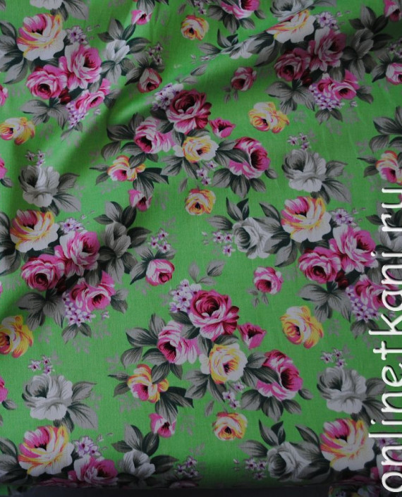 Ткань Джинс-Стрейч "Цветы на лужайке" 014 цвет зеленый цветочный картинка