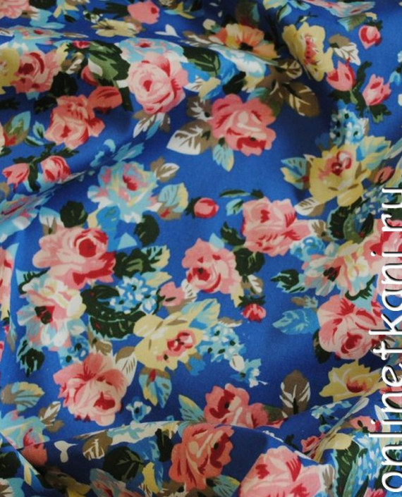 Ткань Джинс-Стрейч "Цветок в лазури" 002 цвет голубой цветочный картинка