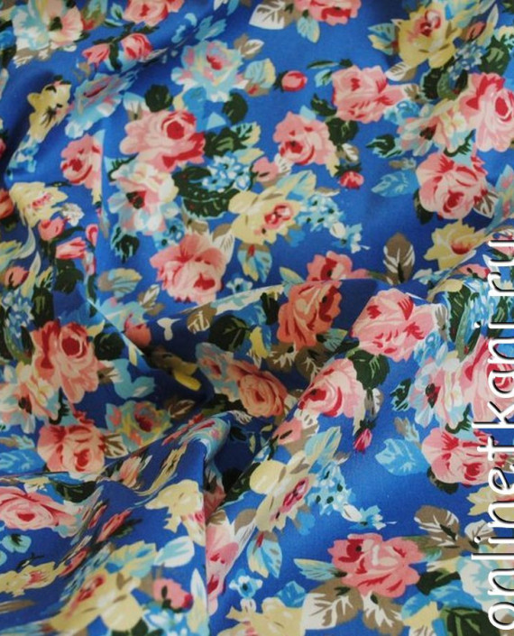 Ткань Джинс-Стрейч "Цветок в лазури" 002 цвет голубой цветочный картинка 1
