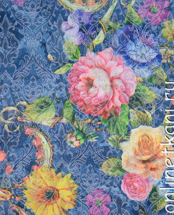 Ткань Жаккард "Цветочная фантазия" 019 цвет синий цветочный картинка 1