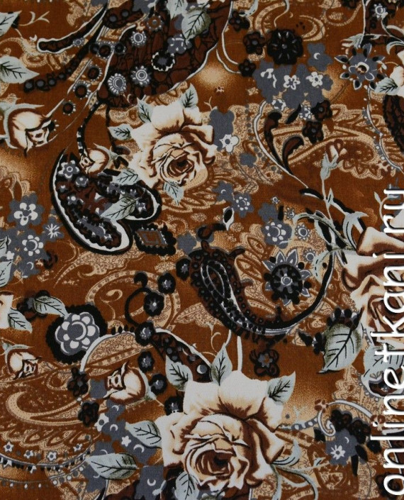 Ткань Джинс-Стрейч 126 цвет коричневый цветочный картинка