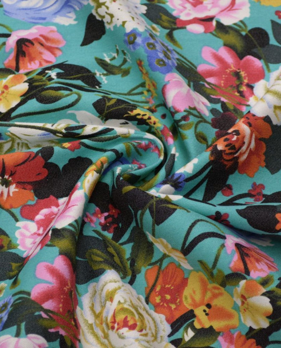 Ткань Джинс Принт 591 цвет бирюзовый цветочный картинка