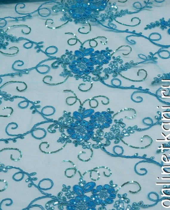 Ткань Гипюр с пайетками 170 цвет голубой цветочный картинка