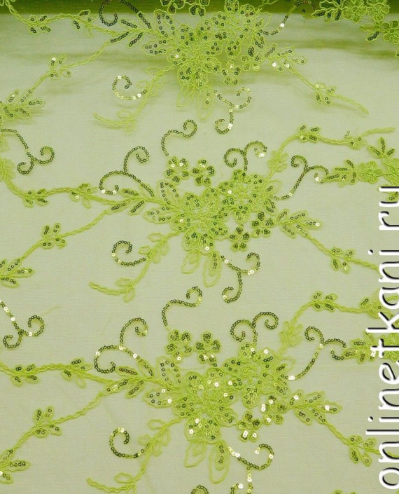 Ткань Гипюр с пайетками 172 цвет зеленый цветочный картинка