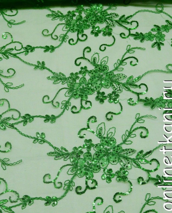Ткань Гипюр с пайетками 173 цвет зеленый цветочный картинка