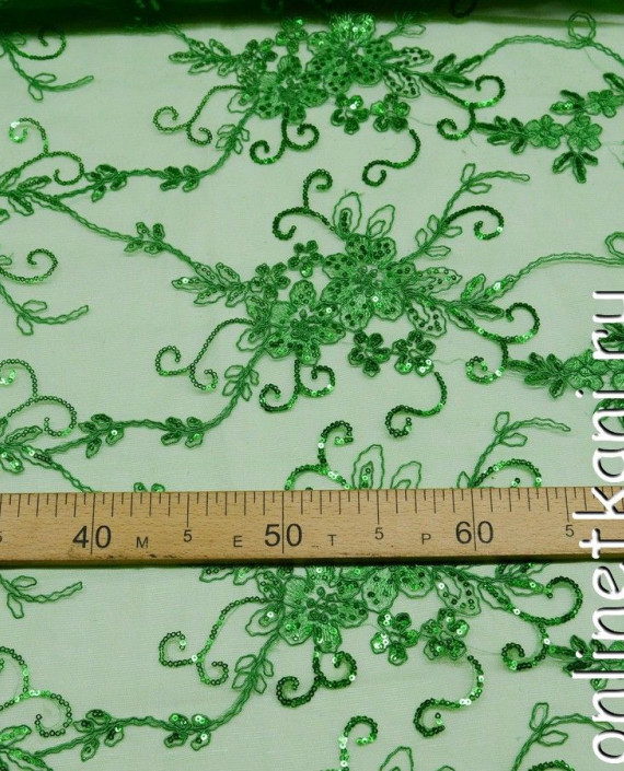Ткань Гипюр с пайетками 173 цвет зеленый цветочный картинка 1