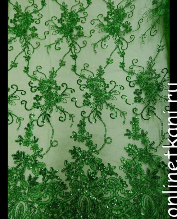 Ткань Гипюр с пайетками 173 цвет зеленый цветочный картинка 3