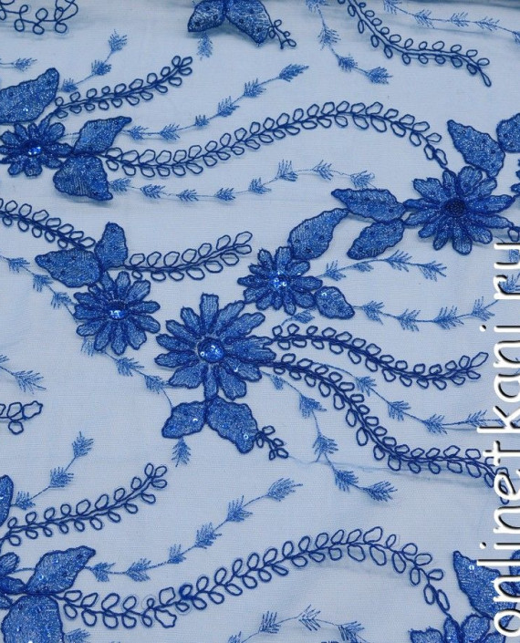 Ткань Гипюр с пайетками 178 цвет голубой цветочный картинка