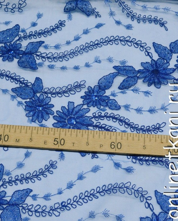 Ткань Гипюр с пайетками 178 цвет голубой цветочный картинка 2