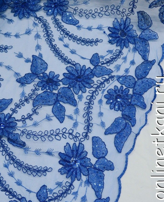 Ткань Гипюр с пайетками 178 цвет голубой цветочный картинка 1