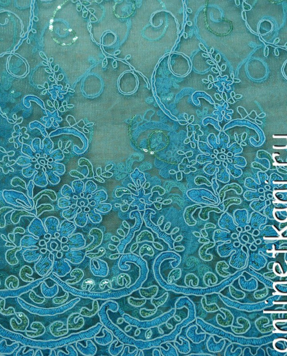 Ткань Гипюр с пайетками 303 цвет голубой цветочный картинка