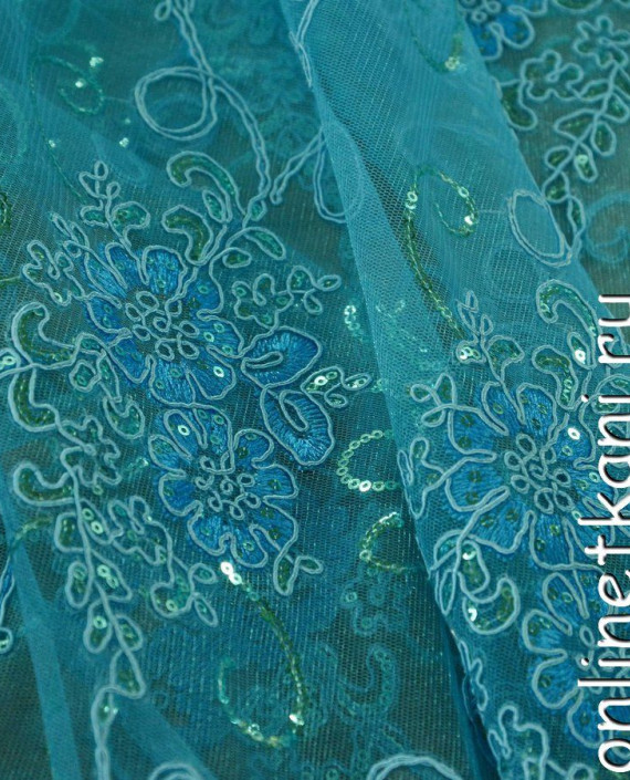 Ткань Гипюр с пайетками 303 цвет голубой цветочный картинка 1