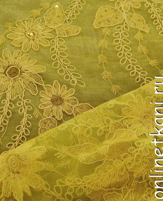 Ткань Гипюр с пайетками 305 цвет желтый цветочный картинка 1