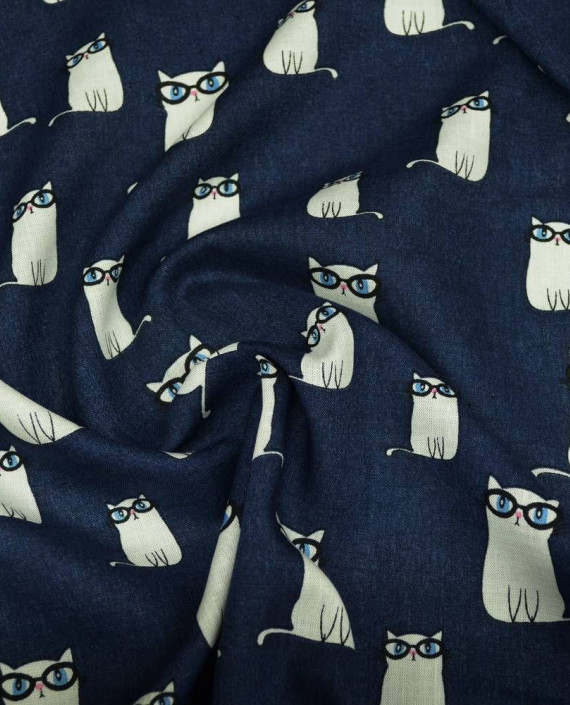 Ткань Хлопок Рубашечный "Кот ученый"  2088 цвет синий абстрактный картинка