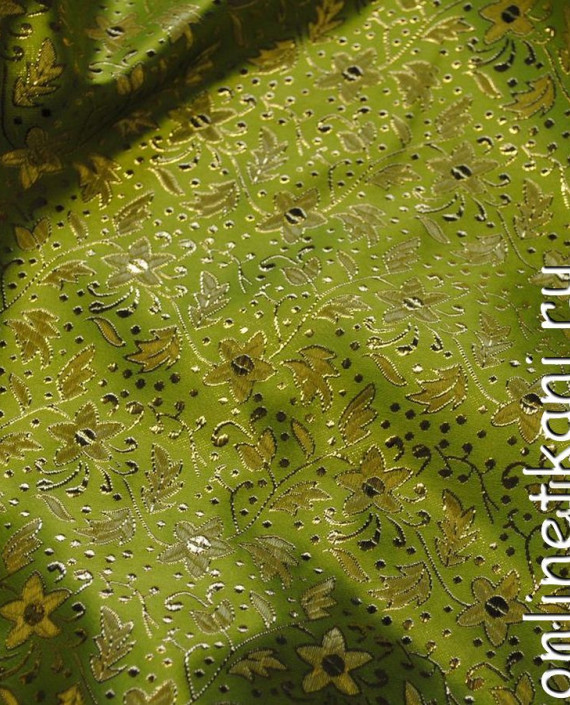 Ткань Парча "Золотые лютики" 002 цвет хаки цветочный картинка 1