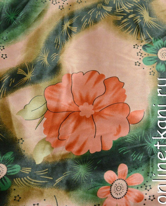 Ткань Атлас Принт 112 цвет зеленый цветочный картинка