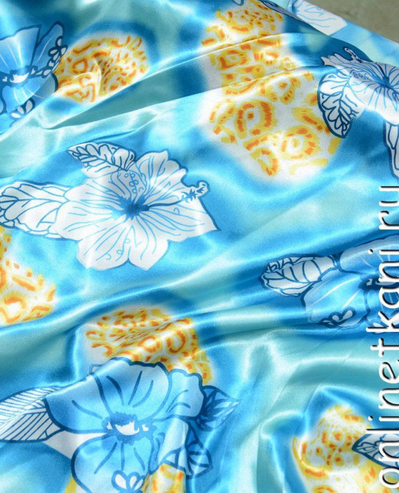 Ткань Атлас Принт 141 цвет голубой цветочный картинка