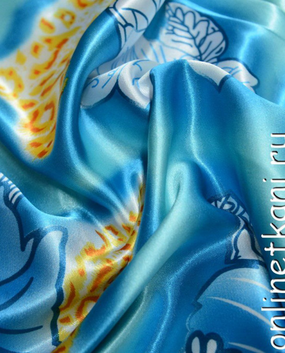 Ткань Атлас Принт 141 цвет голубой цветочный картинка 1