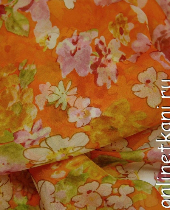 Ткань Шелк Шифон Набивной "Синин" 0241 цвет оранжевый цветочный картинка 2