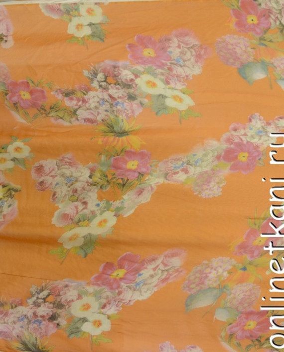 Ткань Шелк Шифон Набивной "Ляньжань" 0260 цвет оранжевый цветочный картинка 2