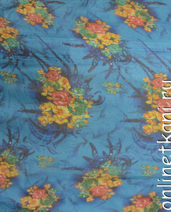 Ткань Шелк Шифон Набивной "Коулун" 0266 цвет голубой цветочный картинка 2
