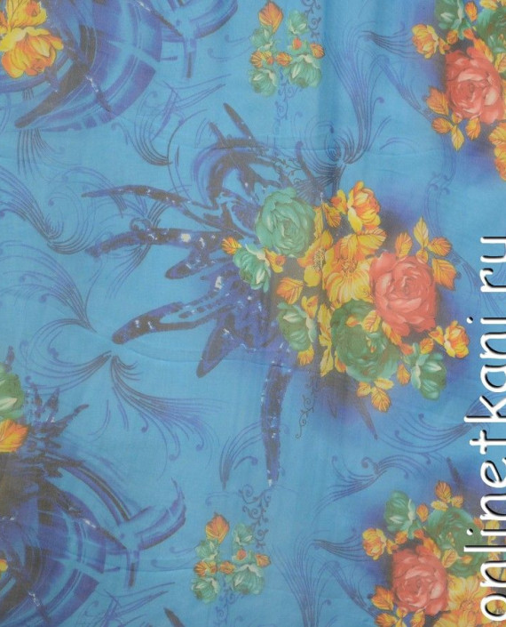 Ткань Шелк Шифон Набивной "Коулун" 0266 цвет голубой цветочный картинка