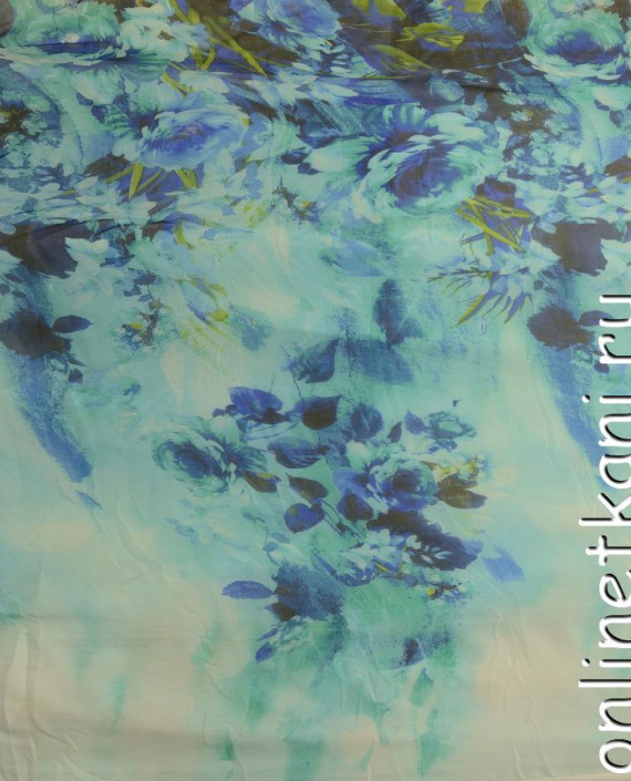 Ткань Шелк Шифон Набивной "Аньцин" 0299 цвет голубой цветочный картинка 1