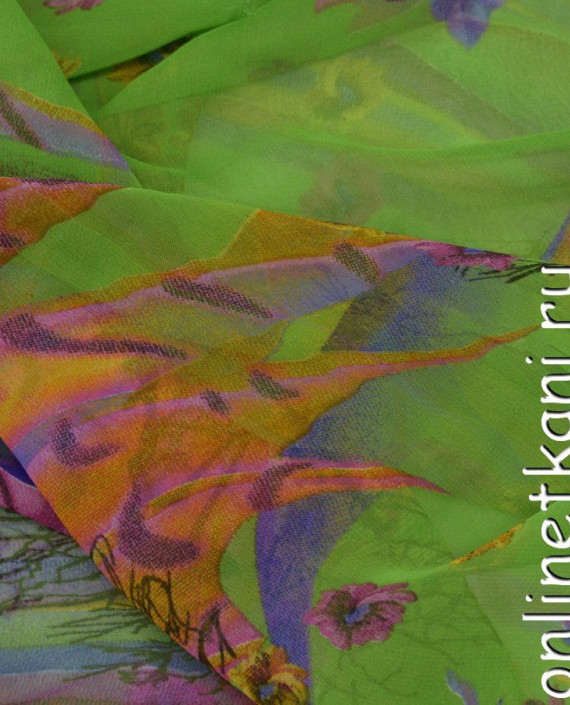 Ткань Шифон Набивной 0311 цвет зеленый цветочный картинка