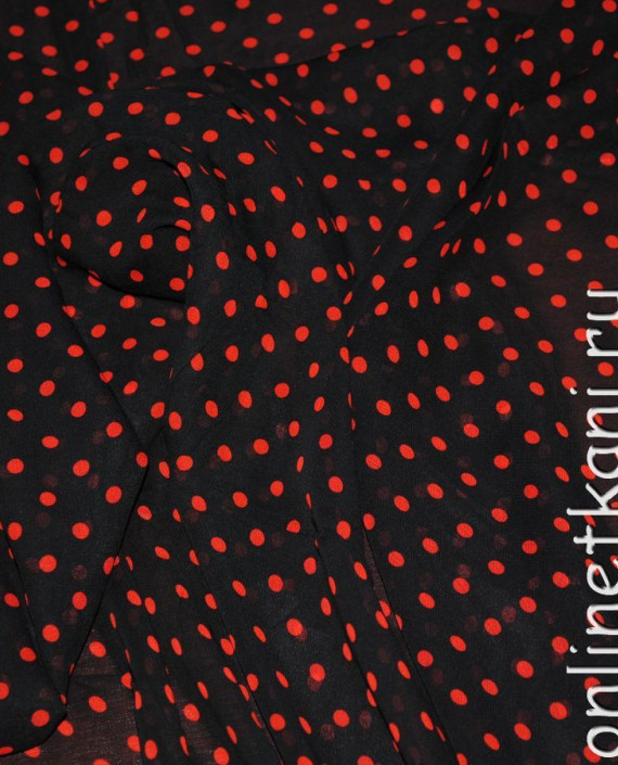 Ткань Шифон "Красные горохи на черном" 0030 цвет черный в горошек картинка 1