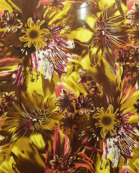 Ткань Атлас Принт 146 цвет коричневый цветочный картинка
