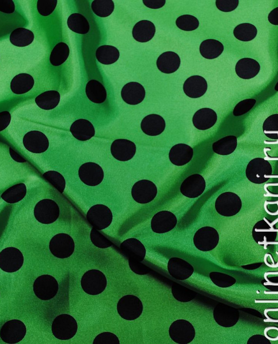 Ткань Атлас "Черные горохи на зеленом" 006 цвет зеленый в горошек картинка