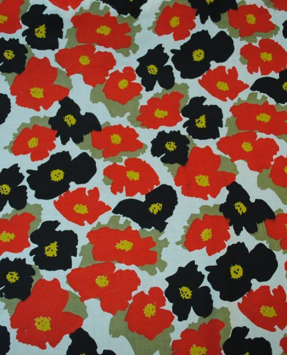 Ткань Хлопок "Красные и черные цветы" 0013 цвет красный цветочный картинка