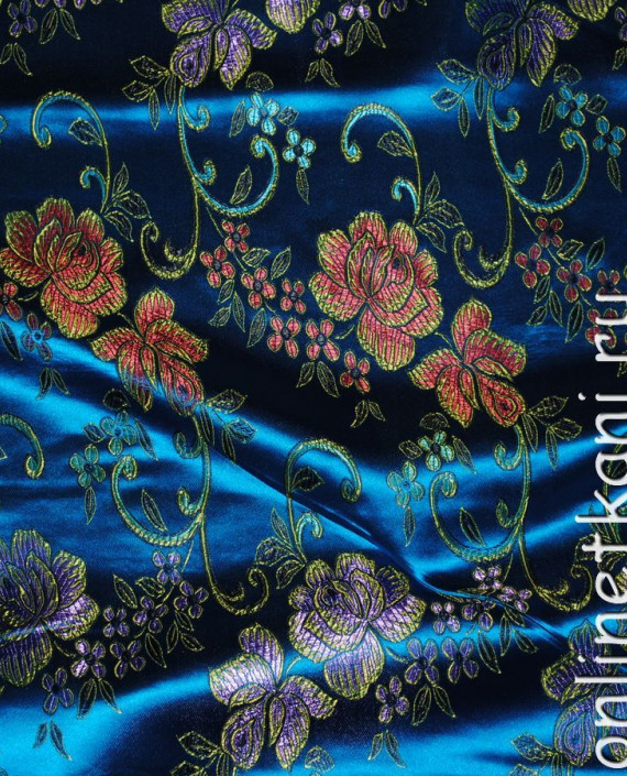 Ткань Китайский шелк "Лазурный" 0056 цвет синий цветочный картинка 1