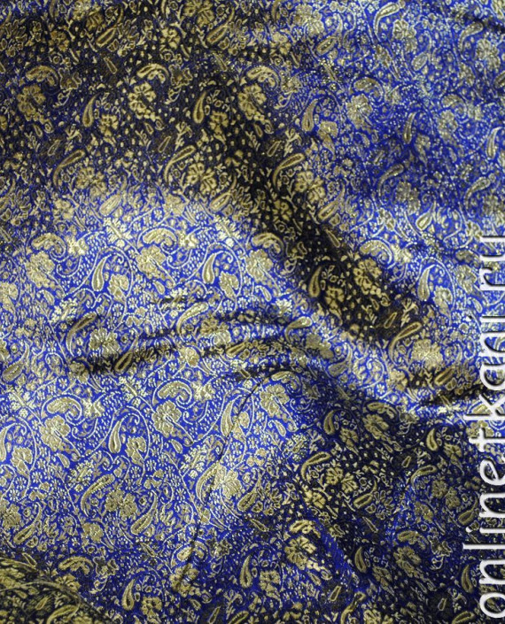 Ткань Парча "Золотые цветы на синем" 0015 цвет синий цветочный картинка