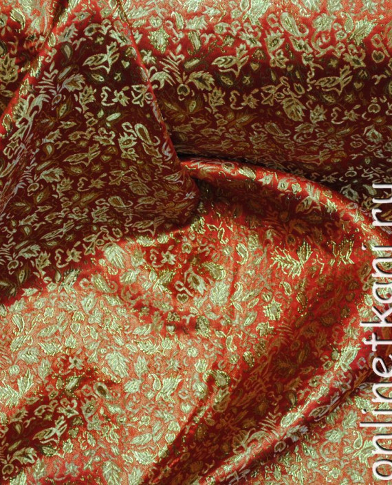 Ткань Парча "Золотые листья" 0016 цвет красный цветочный картинка