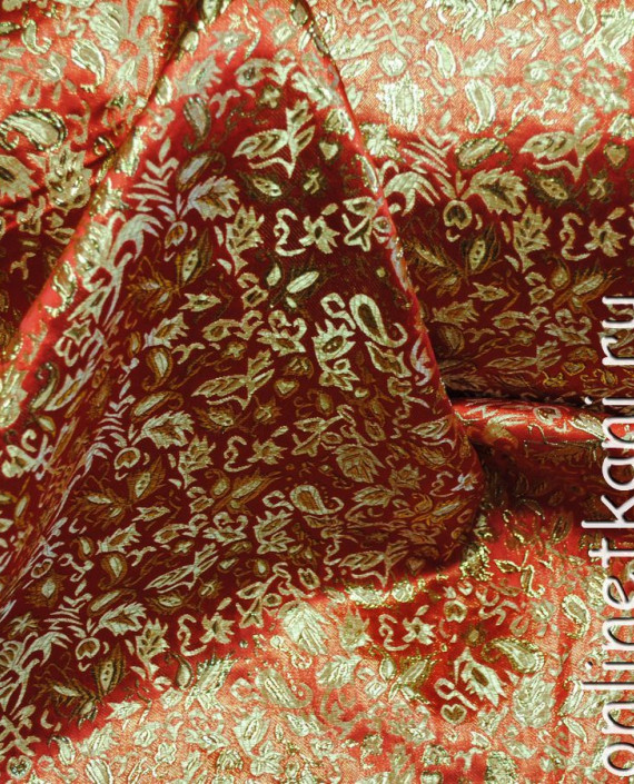 Ткань Парча "Золотые листья" 0016 цвет красный цветочный картинка 2