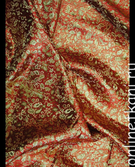 Ткань Парча "Золотые листья" 0016 цвет красный цветочный картинка 1