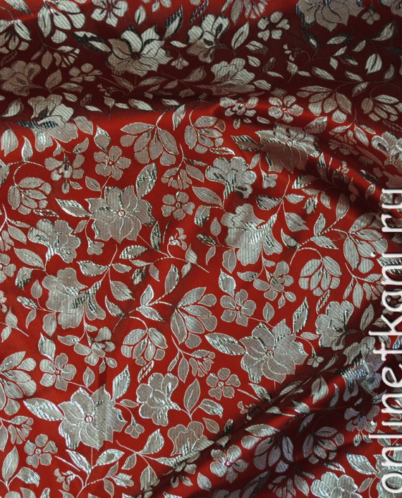 Ткань Парча "Серебро на алом" 0022 цвет красный цветочный картинка 2