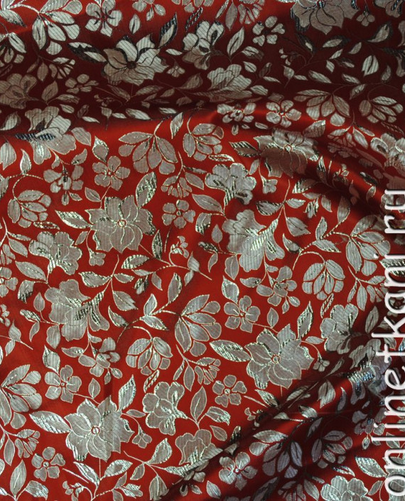 Ткань Парча "Серебро на алом" 0022 цвет красный цветочный картинка 1