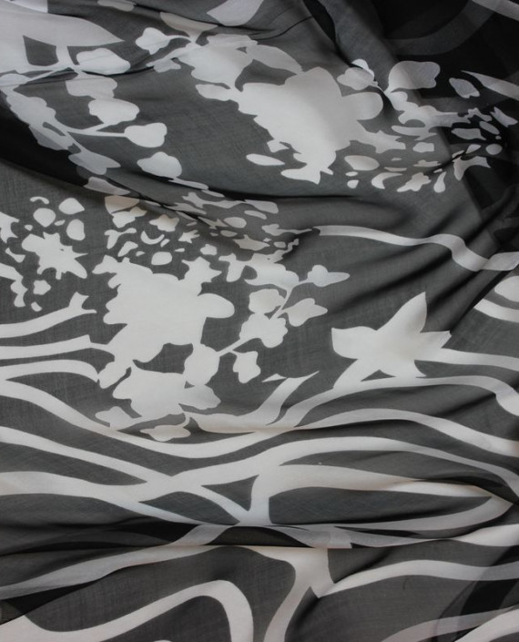Ткань Шелк Шифон "Белые Цветы на Черном" 4009 цвет черный цветочный картинка 1