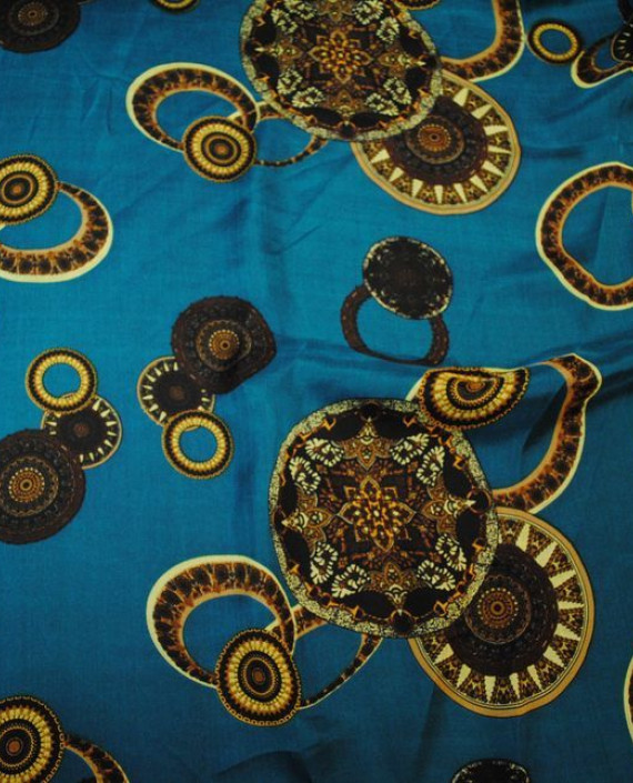 Ткань Шелк Шифон "Золотые монеты" 0002 цвет голубой геометрический картинка