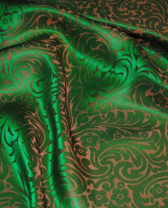 Ткань Шелк Жаккард "Золото и зелень" 0026 цвет зеленый цветочный картинка 3