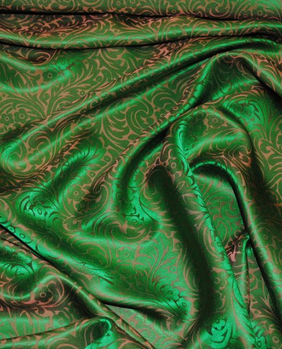 Ткань Шелк Жаккард "Золото и зелень" 0026 цвет зеленый цветочный картинка 4